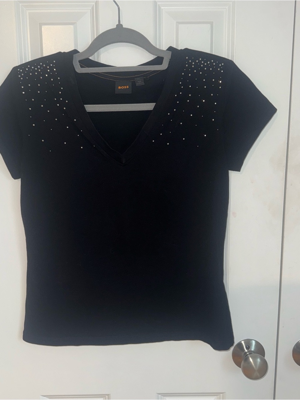 BOSS Black Short Sleeve V-Neck Top with Shoulder Studs